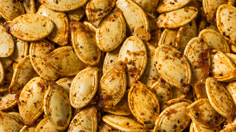 Close up of spice-covered roasted pumpkin seeds
