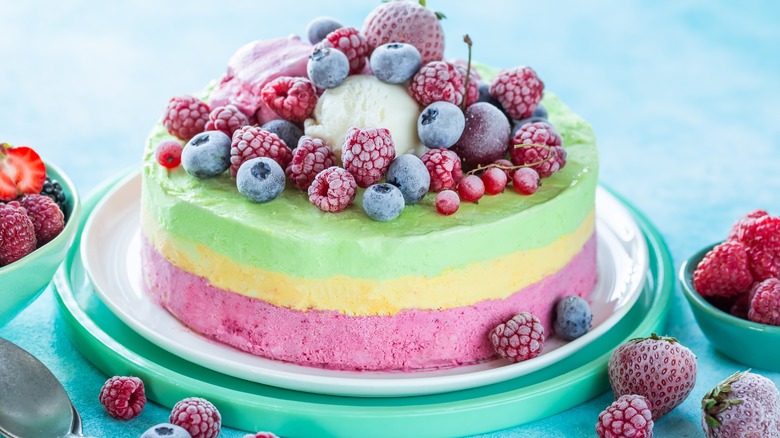 Rainbow ice cream cake featuring refreshing summer colors