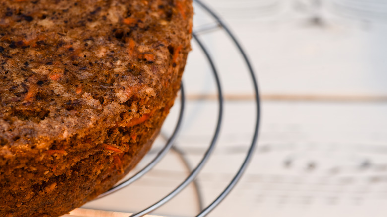 Close-up of carrot cake on a wire cooling rack