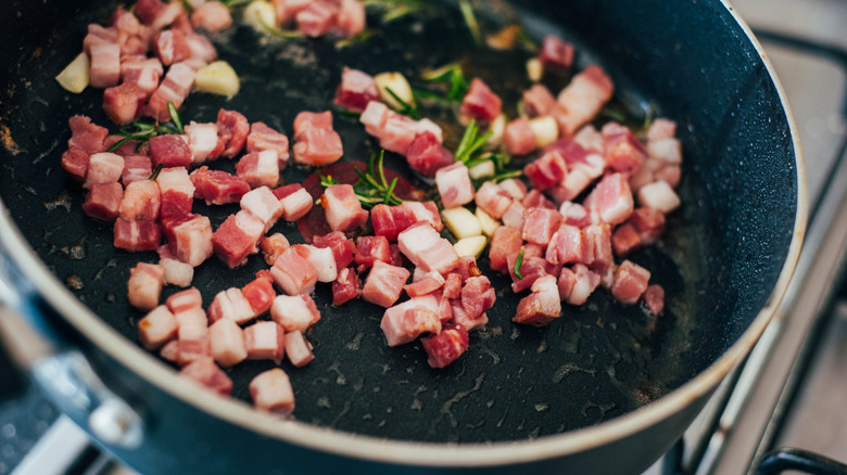 Pan of cooked pancetta