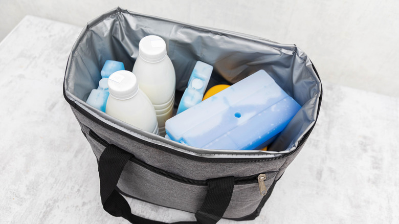 Insulated grocery bag with milk and cooler blocks