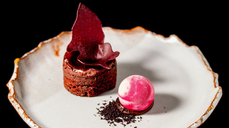 Elegantly plated chocolate souffle cake with pink-colored sorbet