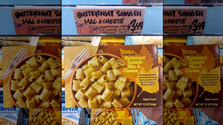 Box of Trader Joe's Butternut Squash Mac and Cheese in frozen section of store