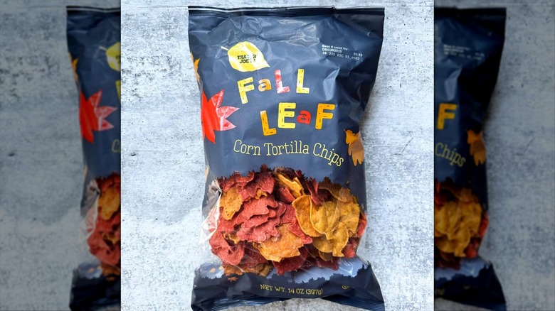Bag of Trader Joe's Fall Leaf Corn Tortilla Chips on textured surface