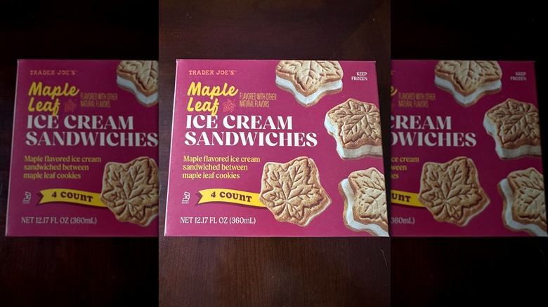 Box of Trader Joe's Maple Leaf Ice Cream Sandwiches on wooden surface
