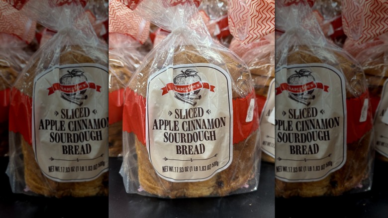 Bag of Trader Joe's Sliced Apple Cinnamon Sourdough Bread on black surface