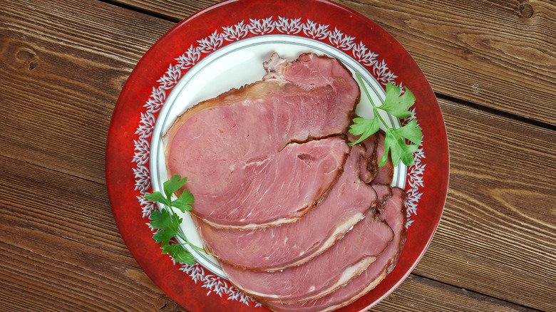 Hangikjot served on a decorative holiday plate