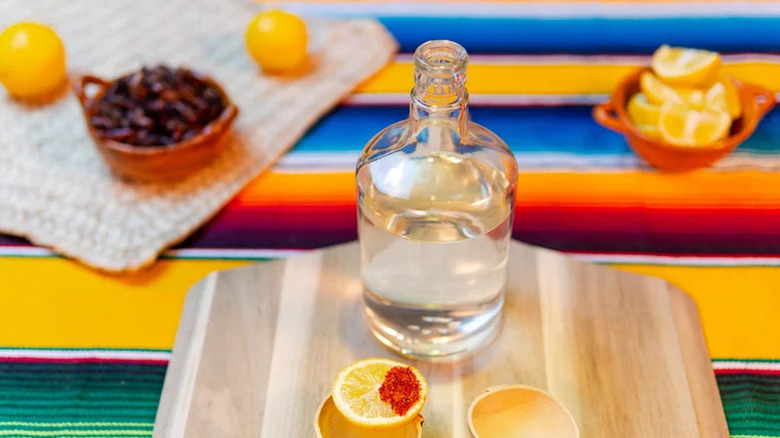 A clear spirit in a carafe on a wooden cutting board and Mexican blanket with lemons and dried peppers.