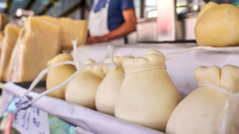 Caciocavallo lined up at market