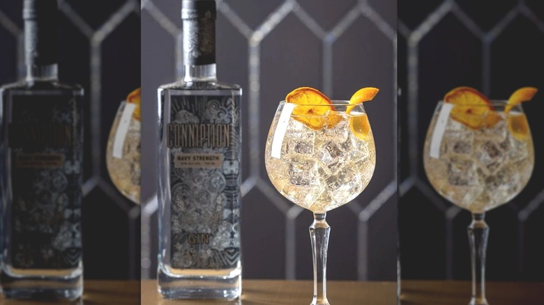 Bottle of Conniption Navy Strength gin next to a cocktail