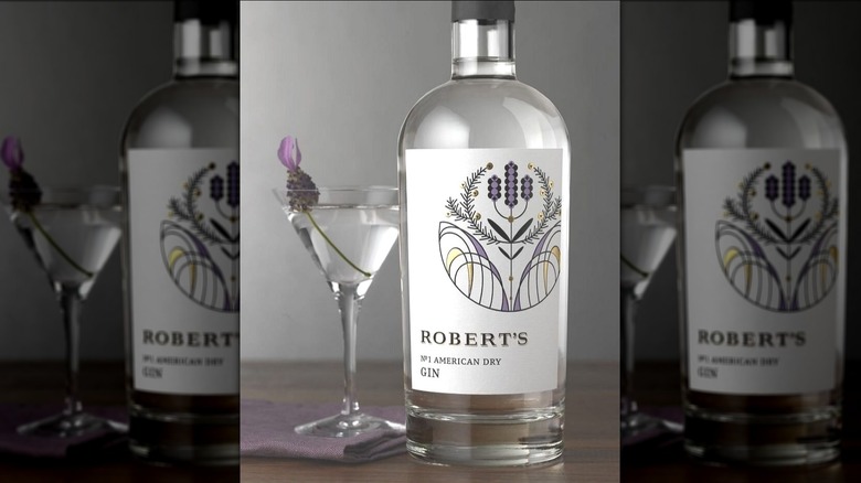 Bottle of Robert's Gin offset in foreground with a martini glass in the back.
