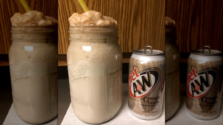Can of A&W cream soda next to ice cream float