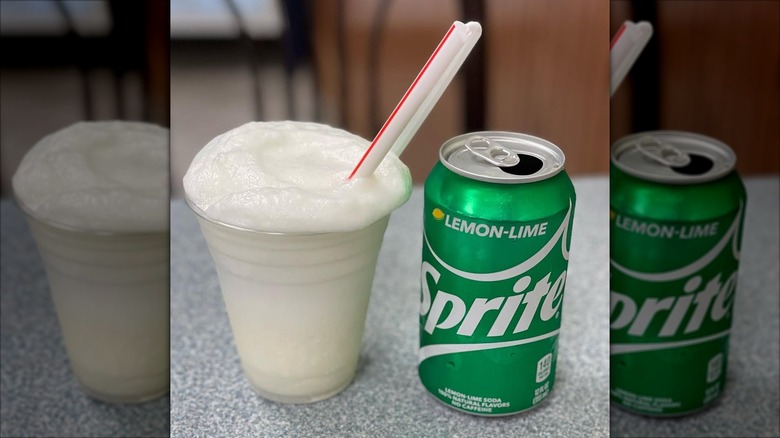 Sprite can next to ice cream float with straw and spoon