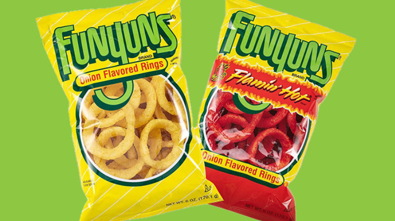 Two bags of Funyuns next to each other, one in original flavor and one in Flamin' Hot flavor.