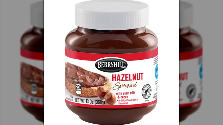 Mirror image of a jar of Aldi's Berryhill Hazelnut Spread