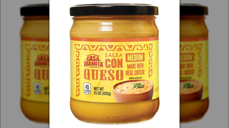 Mirror image of a jar of Aldi's Casa Mamita Salsa Con Queso