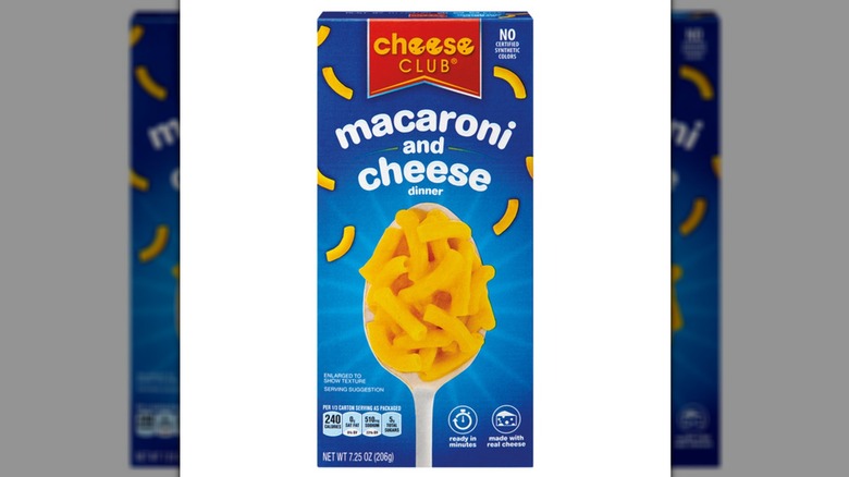 Mirror image of a box of Aldi's Cheese Club Macaroni and Cheese