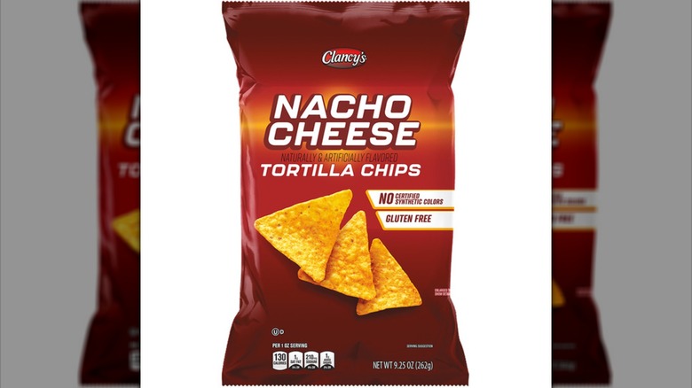 Mirror image of a package of Aldi's Clancy's Nacho Cheese Tortilla Chips