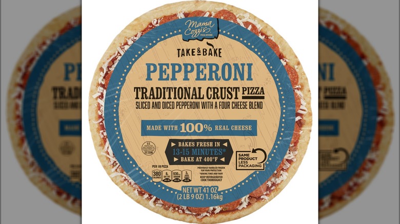 Mirror image of Aldi's Mama Cozzi's pepperoni pizza in packaging
