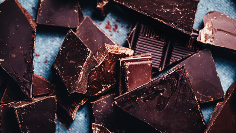 close up of broken dark chocolate pieces