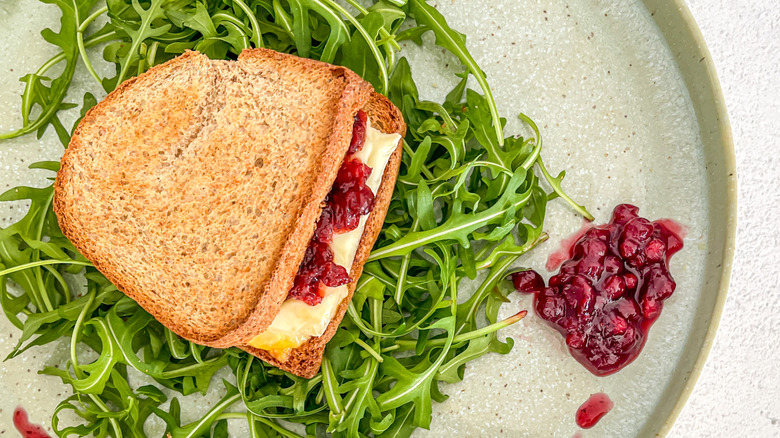 Grilled cheese sandwich with cranberry sauce on plate with arugula