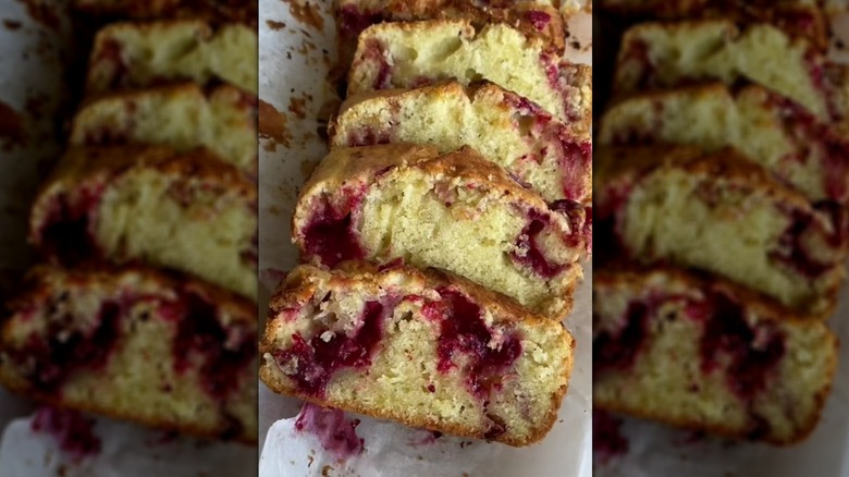 Sliced cranberry swirl loaf cake