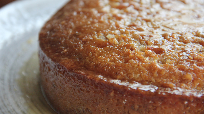 Closeup of a honey sponge cake on a plate