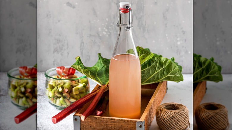 Rhubarb syrup with diced rhubarb on a tray