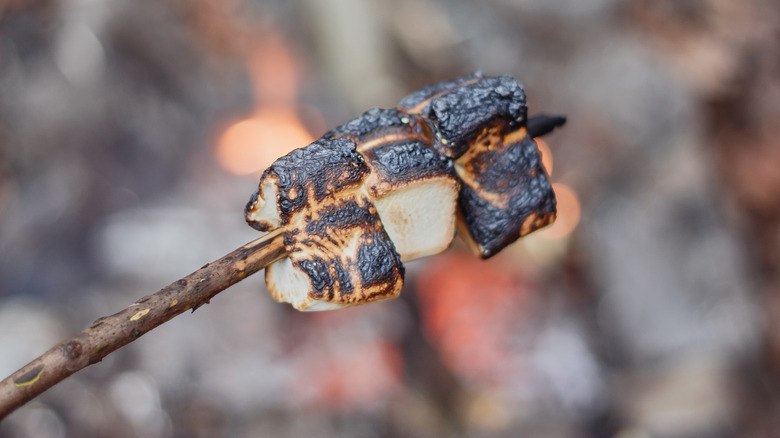 Charred marshmallow over a campfire