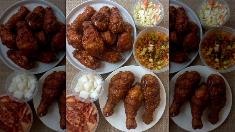 Bonchon Korean chicken wings with coleslaw and other sides