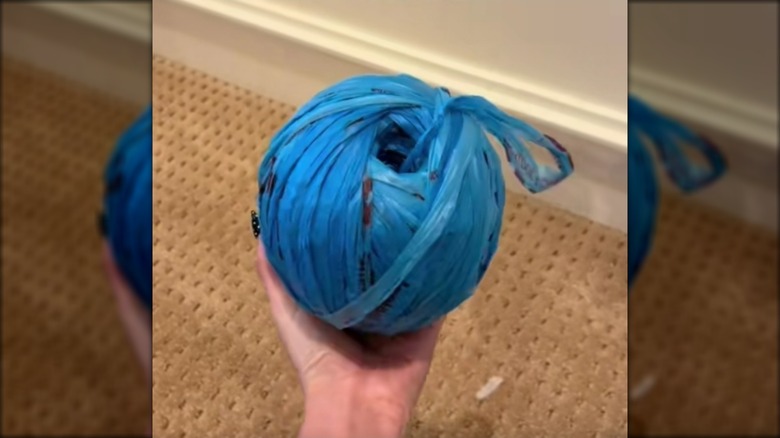 Hand holding ball of blue yarn made from plastic bags