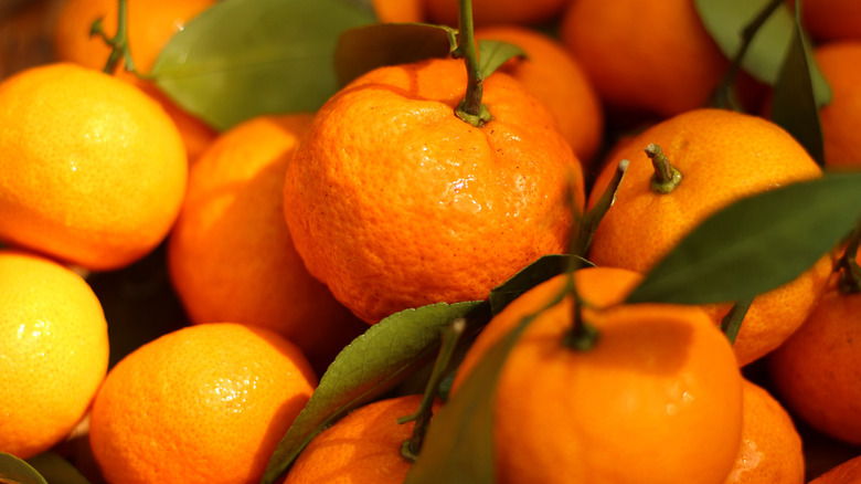 close up of tangerines with stems
