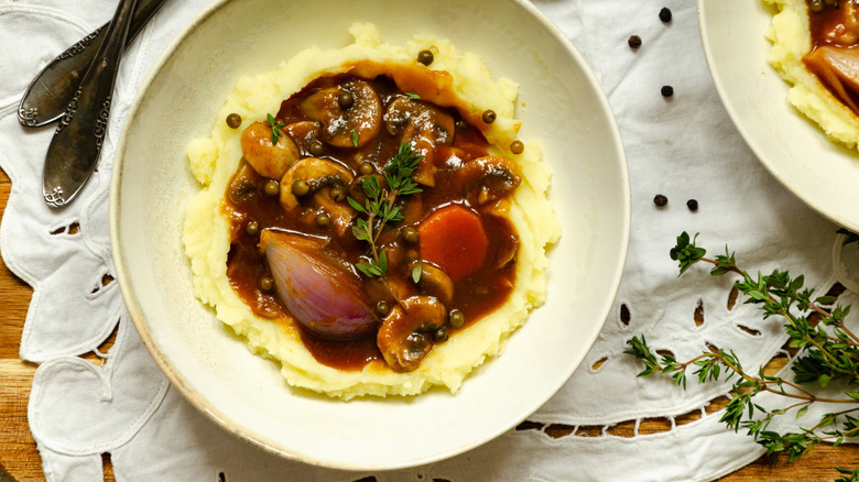 Bowl of vegetarian mushroom bourguignon