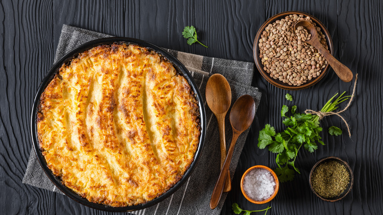 Lentil shepherds pie with crispy mashed potato topping