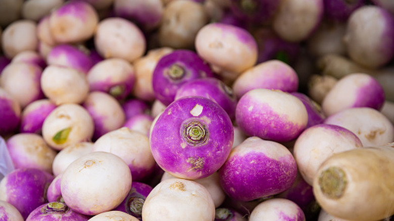 Pile of fresh turnip at farmers market stall
