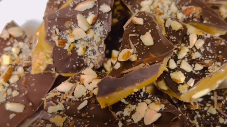 Pile of shards of almond buttercrunch candy