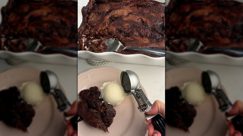 Chocolate cobbler in baking dish and on plate with scoop of vanilla ice cream