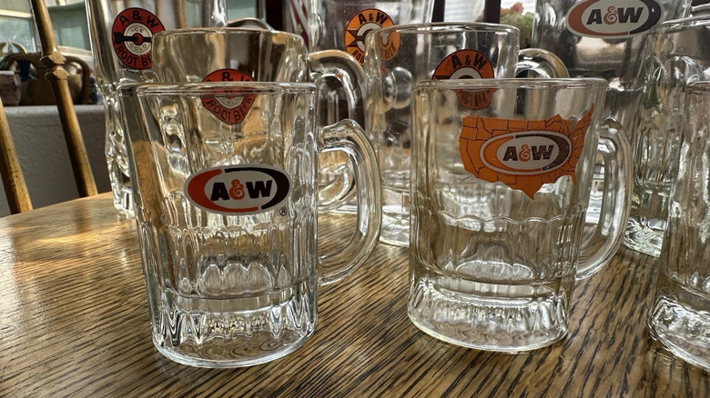 A&W root beer glasses on a table