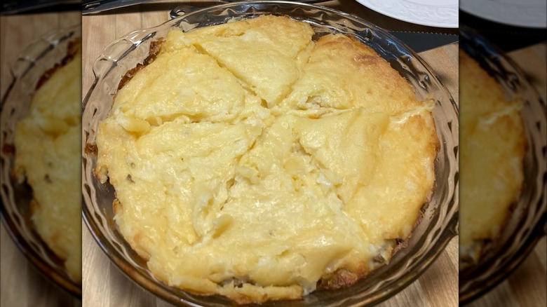 A potato peel pie in a glass dish