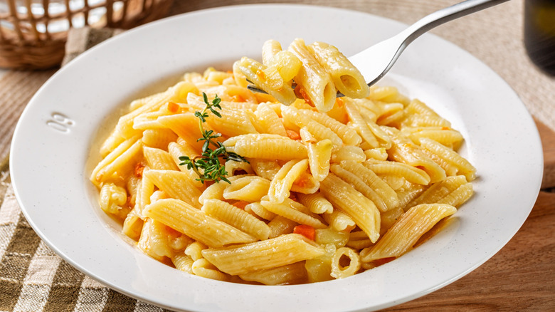 Close up of pasta e patate in a white dish with fork on a table