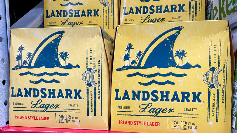 Cases of Landshark Lager on store shelf