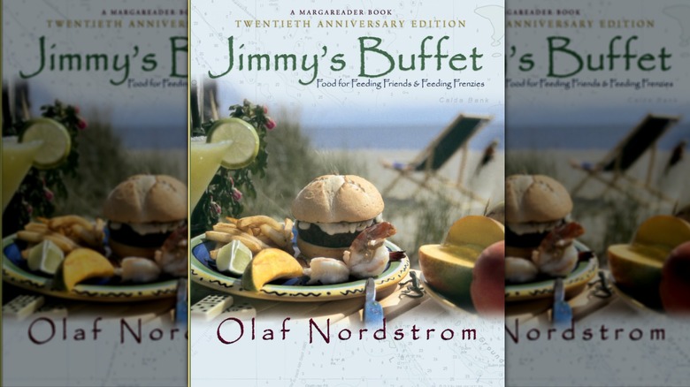 cover of "Jimmy's Buffet" cookbook with image of burger and shrimp with beach background