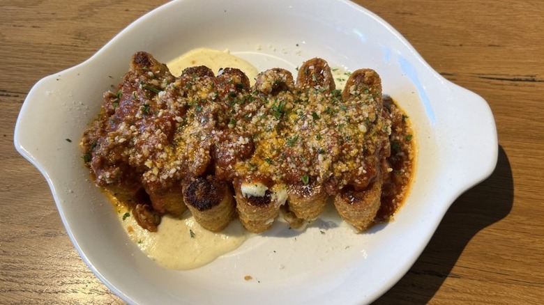 Lasagna fritta from Olive Garden on a white plate