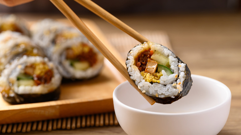 Korean kimbap rolled sushi with vegetables and meat