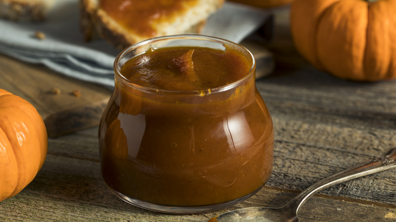Homemade pumpkin butter in a jar