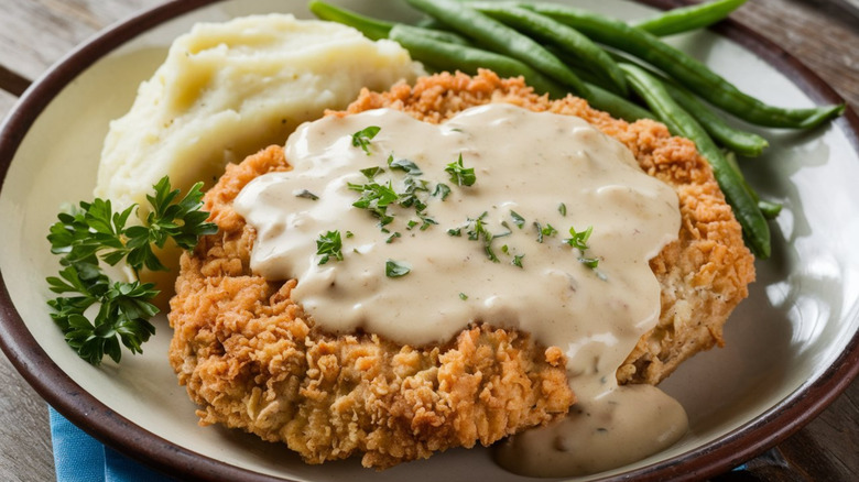 A plate of chicken fried steak and gravy served with green beans