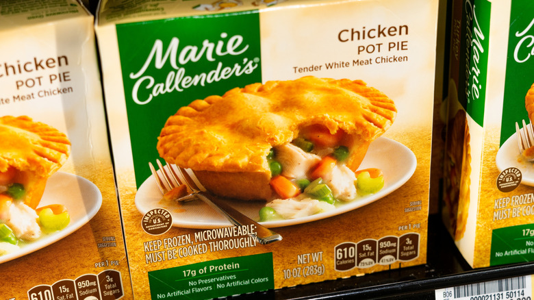 Package of Marie Callender's Chicken Pot Pie on grocery store shelf