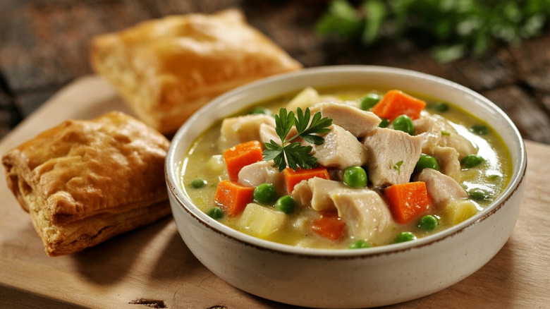 Bowl of chicken pot pie soup with carrots and peas