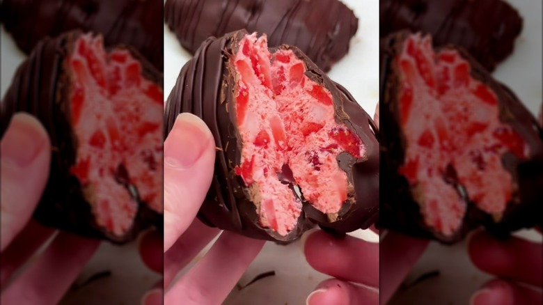 Hands breaking apart chocolate-covered strawberry Jell-O bite