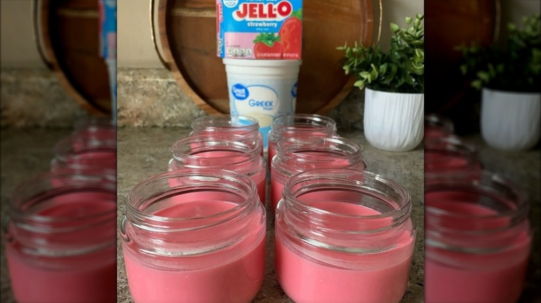 Strawberry Jell-O Greek yogurt desserts in glass ramekins